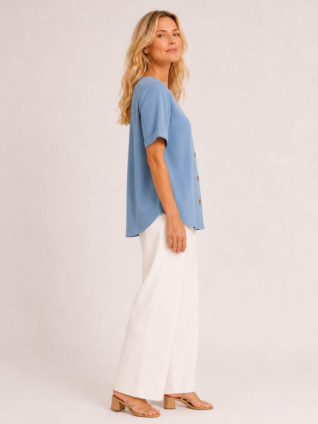 Cecillia - Women’s Short Sleeve Loose Fit Blouse with Side Button Detail-Women’s Blouse-Lyrasue-Blue-S-Lyrasue