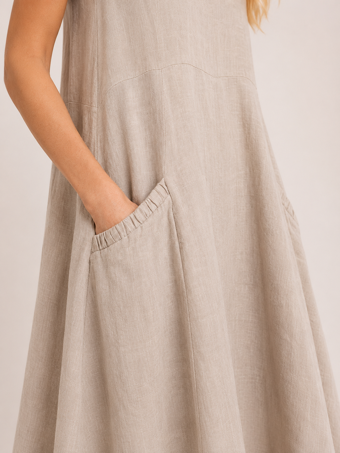 Melody - Women’s Lightweight Cotton Summer Midi Dress with Pockets-Mode Femme Robe-Lyrasue-Beige-S-Lyrasue