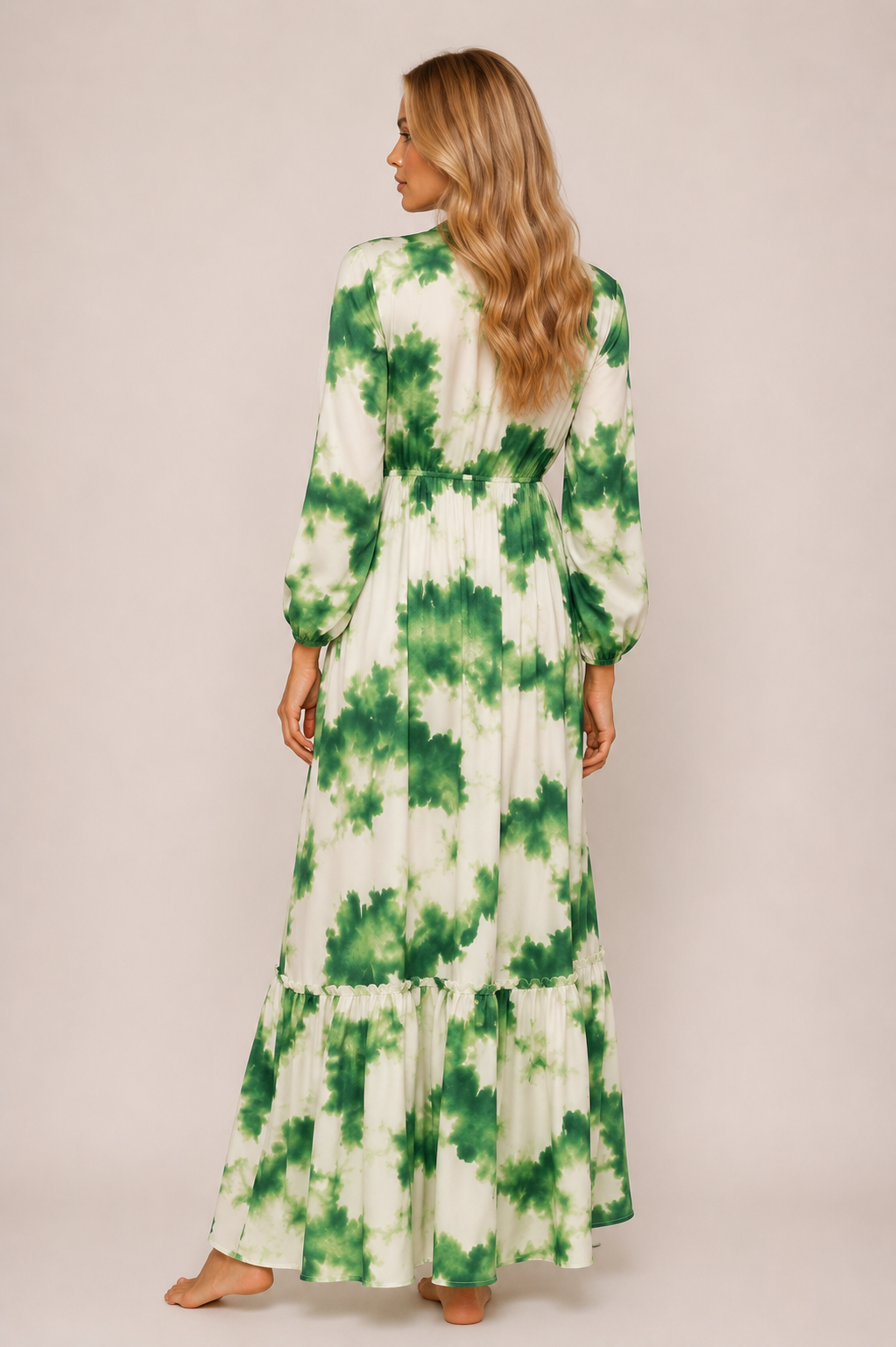 Loes - Women’s Green Maxi Dress With V-Neck And Long Sleeve-SS - Womens Dresses-Lyrasue-Green-XS-Lyrasue