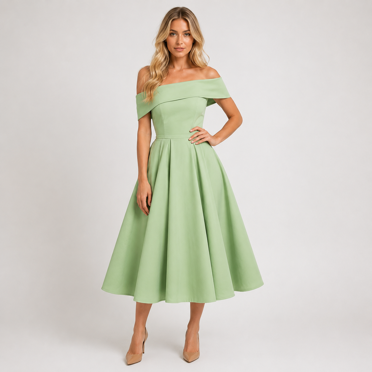 Willow - Women’s Off-Shoulder Wedding Guest Midi Dress-Dress-Lyrasue-Green-S-Lyrasue