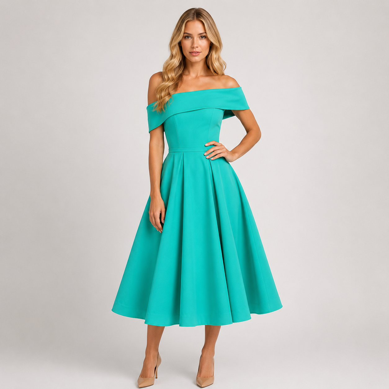 Willow - Women’s Off-Shoulder Wedding Guest Midi Dress-Dress-Lyrasue-Baby blue-S-Lyrasue