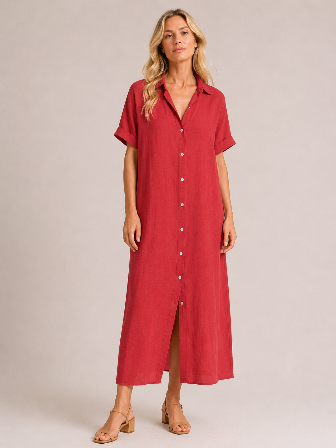 Iris - Women’s Cotton Summer Shirt Midi Dress-jurk-Lyrasue-Red-S-Lyrasue