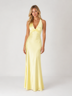 Kennedy - Women’s Satin Halter Wedding Guest Maxi Dress with V-Neck-women dress-Lyrasue-Yellow-S-Lyrasue