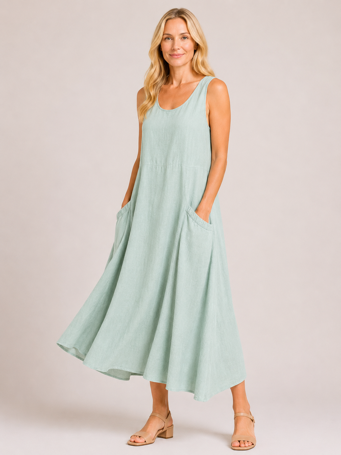 Melody - Women’s Lightweight Cotton Summer Midi Dress with Pockets-Mode Femme Robe-Lyrasue-Green-S-Lyrasue