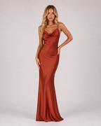 Flare - Women's Wedding Guest Satin Maxi Dress With Open Back-Dress-Lyrasue-Bronze-S-Lyrasue