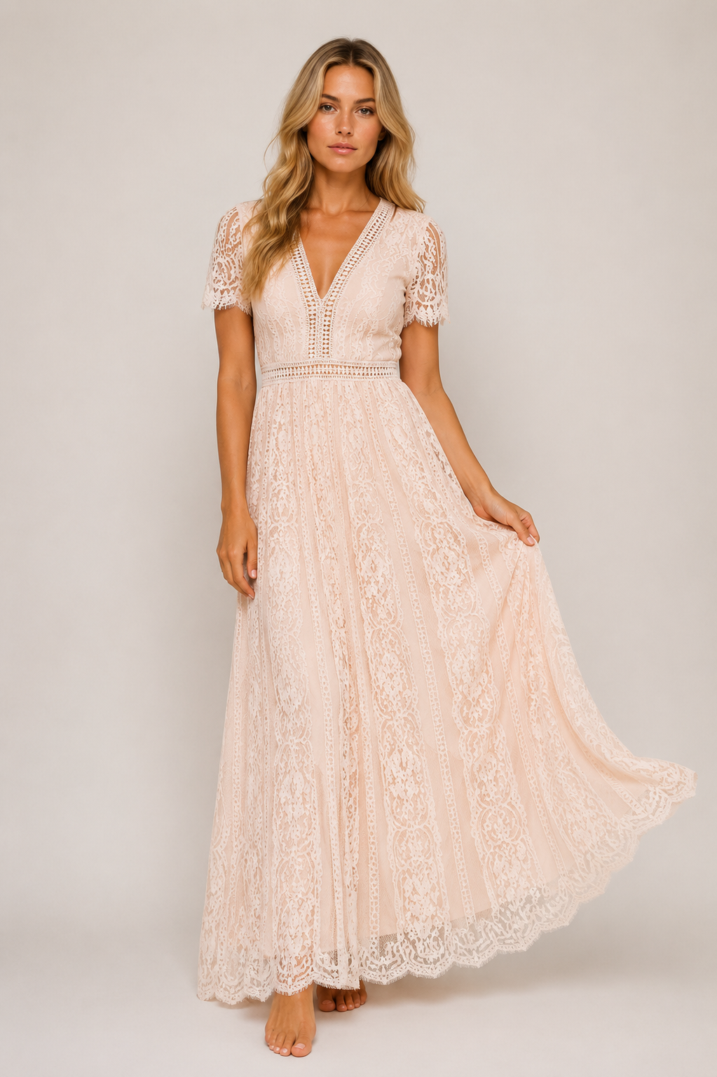 Keish - Women’s Formal Lace Detail Maxi Dress Elegant Short Sleeve-SS - Womens Dresses-Lyrasue-Rose-S-Lyrasue