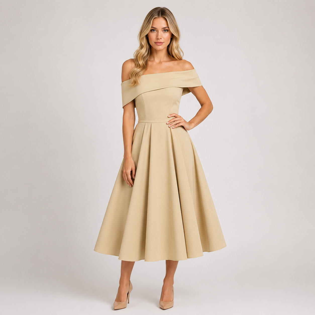 Willow - Women’s Off-Shoulder Wedding Guest Midi Dress-Dress-Lyrasue-Beige-S-Lyrasue