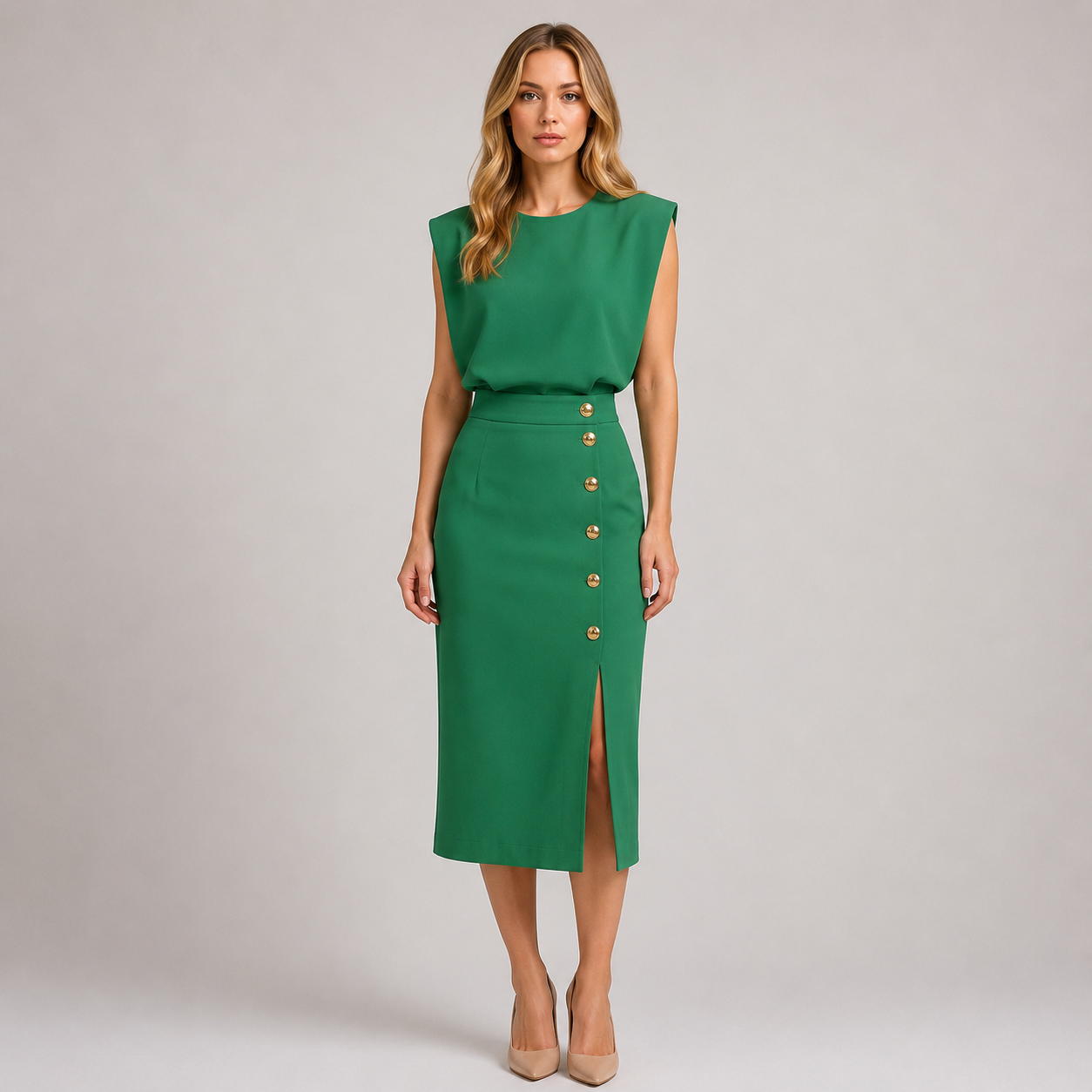 Reagan - Women’s Round Neck Midi Dress with Button Slit-Summer Push-Lyrasue-Green-S-Lyrasue