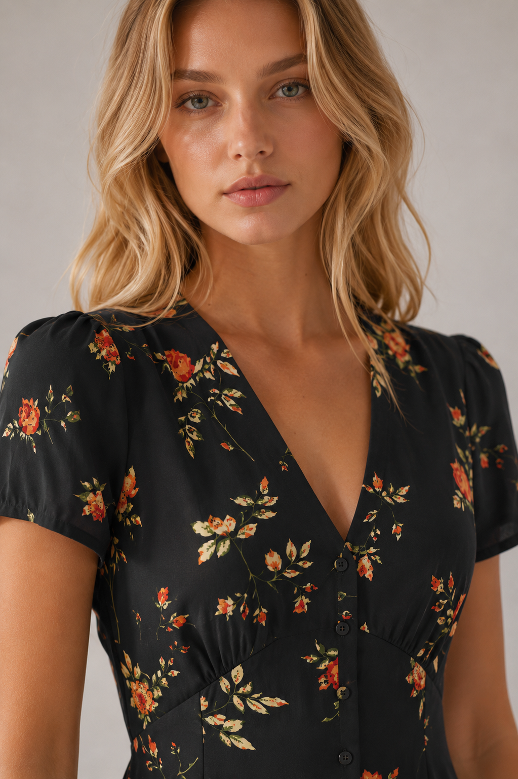 Steph - Black V Neck Floral Short Sleeve Maxi Dress-Maxi Dresses-Lyrasue-Black-S-Lyrasue