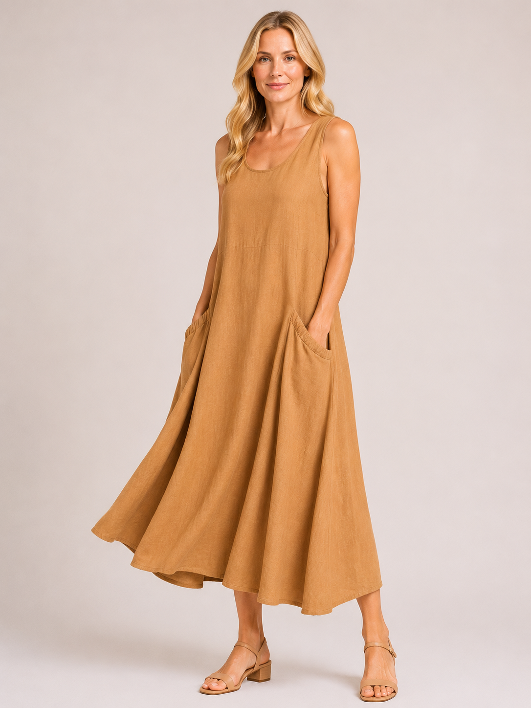 Melody - Women’s Lightweight Cotton Summer Midi Dress with Pockets-Mode Femme Robe-Lyrasue-Brown-S-Lyrasue