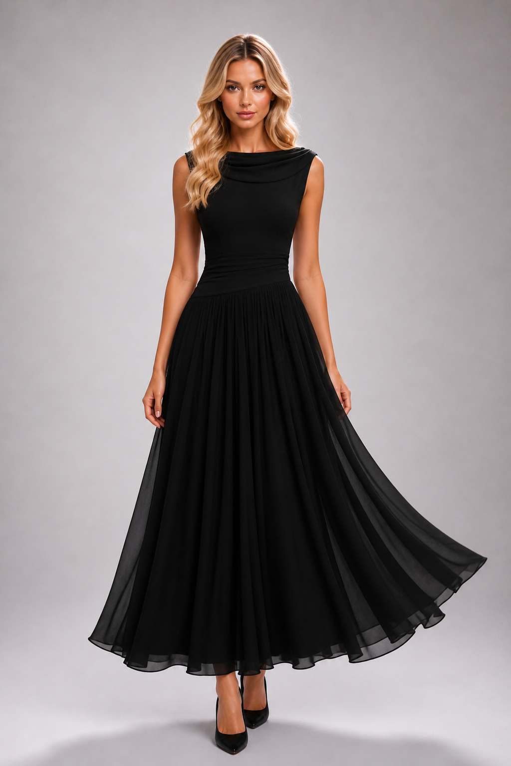 Willow - Women's Draped Pleated Summer Wedding Guest Midi Dress-Sleeveless Maxi Dress-Lyrasue-Black-XS-Lyrasue