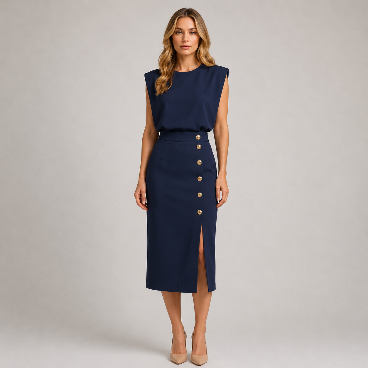 Reagan - Women’s Round Neck Midi Dress with Button Slit-Summer Push-Lyrasue-Blue-S-Lyrasue