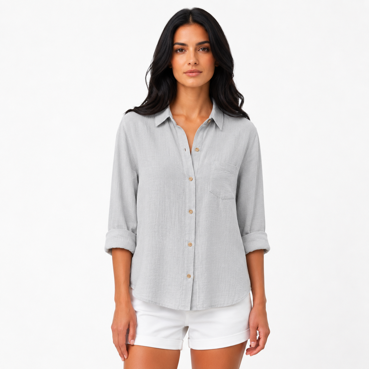Daniela - Women’s Short Sleeve Summer Blouse with Button Placket-Women’s Blouse-Lyrasue-Grey-S-Lyrasue