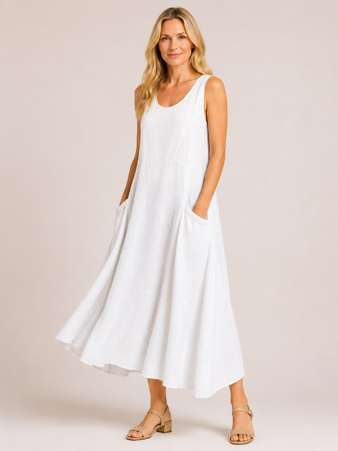 Melody - Women’s Lightweight Cotton Summer Midi Dress with Pockets-Mode Femme Robe-Lyrasue-White-S-Lyrasue