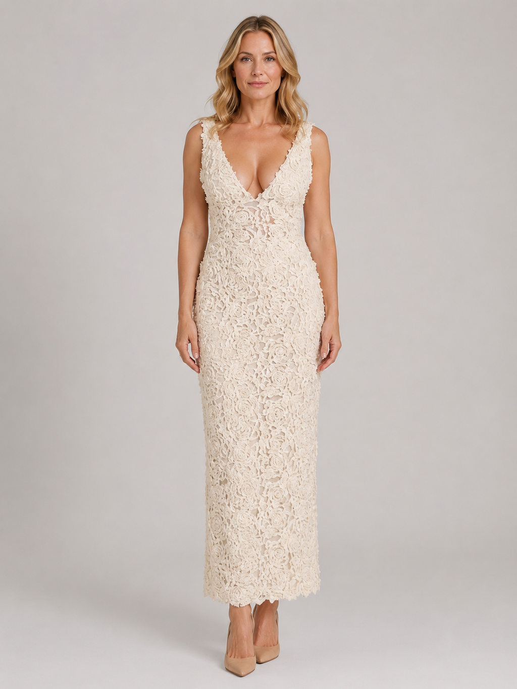 Women’s Elegant Floral Lace Midi Dress with Deep V-Neck-Midi Dress-Lyrasue-White-S-Lyrasue