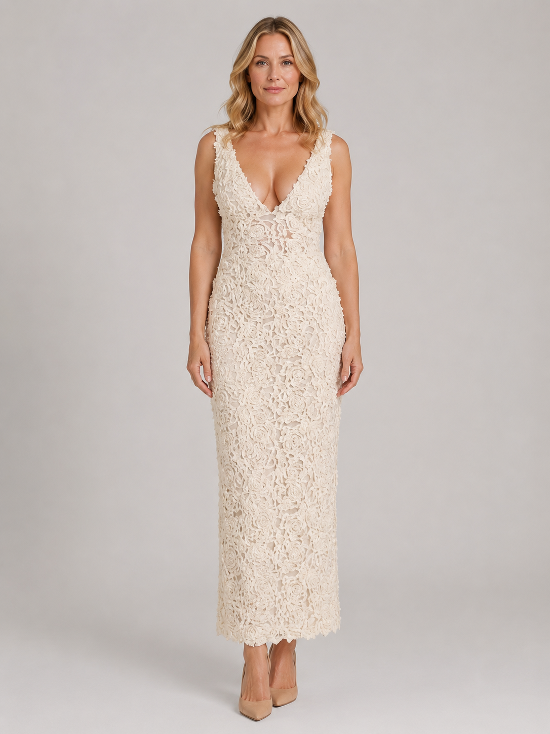 Women’s Elegant Floral Lace Midi Dress with Deep V-Neck-Midi Dress-Lyrasue-White-S-Lyrasue