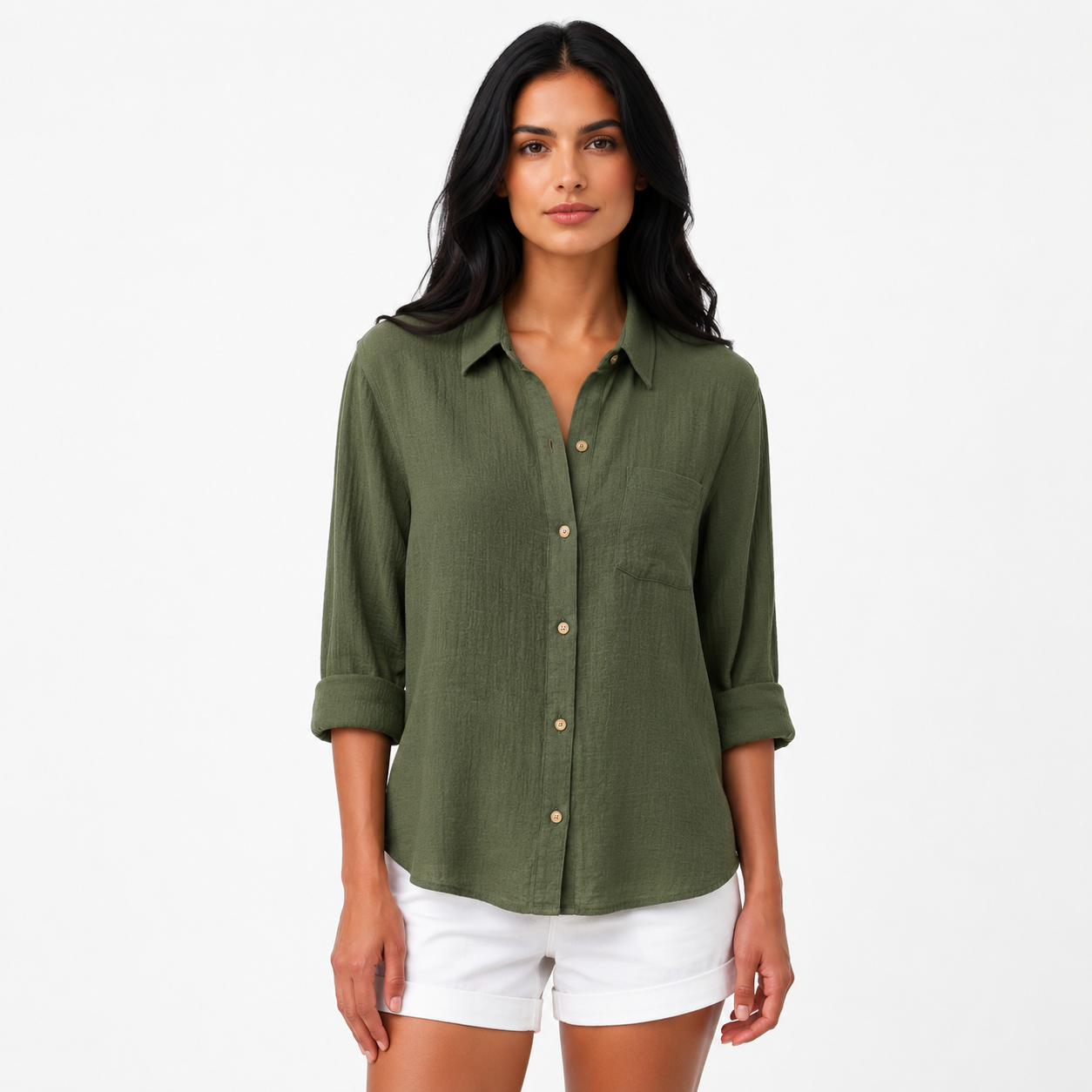 Daniela - Women’s Short Sleeve Summer Blouse with Button Placket-Women’s Blouse-Lyrasue-Green-S-Lyrasue