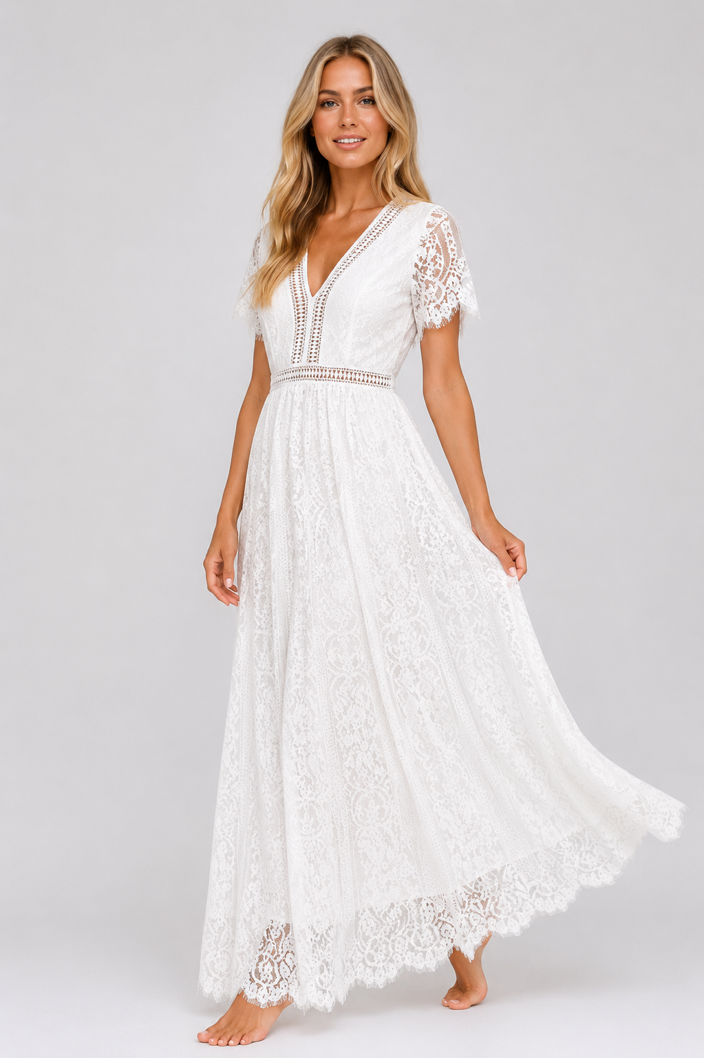 Keish - Women’s Formal Lace Detail Maxi Dress Elegant Short Sleeve-SS - Womens Dresses-Lyrasue-White-S-Lyrasue