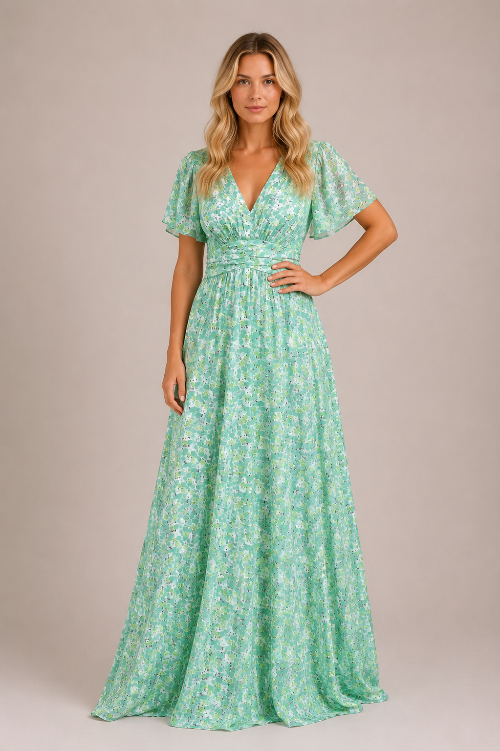 Michelle - Women’s Elegant Summer Floral Maxi Dress With Defined Waist-SS - Womens Dresses-Lyrasue-Green-S-Lyrasue