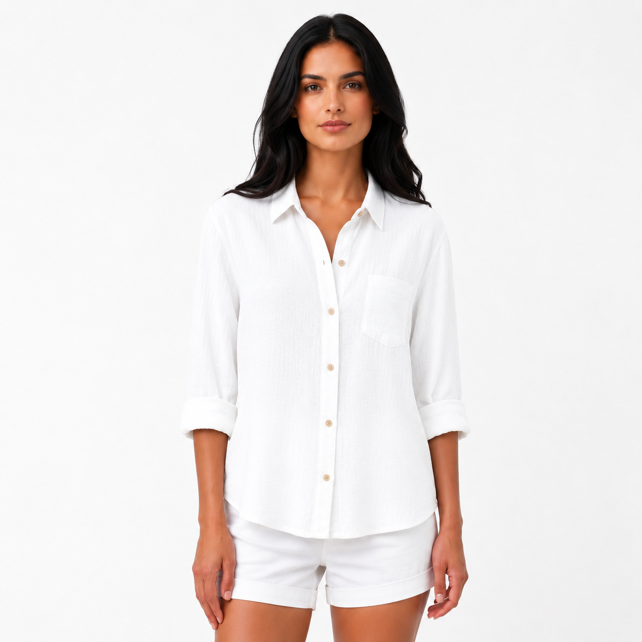 Daniela - Women’s Short Sleeve Summer Blouse with Button Placket-Women’s Blouse-Lyrasue-White-S-Lyrasue