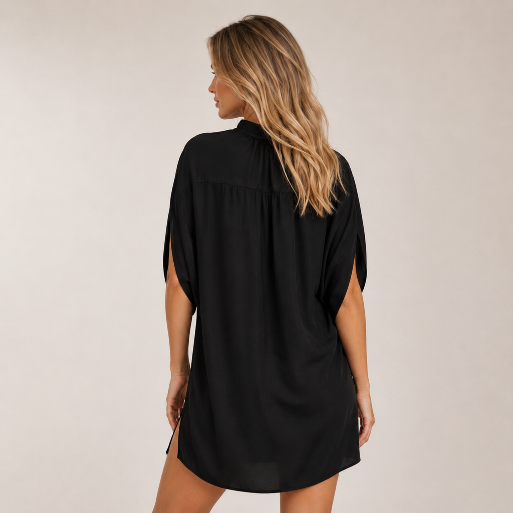 Valentina - Women’s Mock Neck Shift Mini Dress with Short Split Sleeves-Women's Shift Dress-Lyrasue-Black-S-Lyrasue