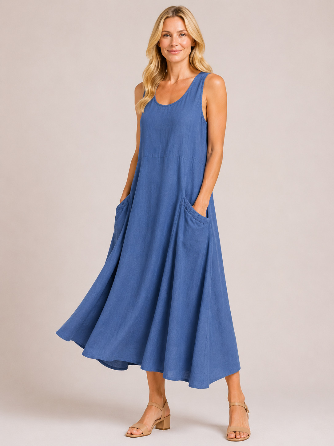 Melody - Women’s Lightweight Cotton Summer Midi Dress with Pockets-Mode Femme Robe-Lyrasue-Blue-S-Lyrasue