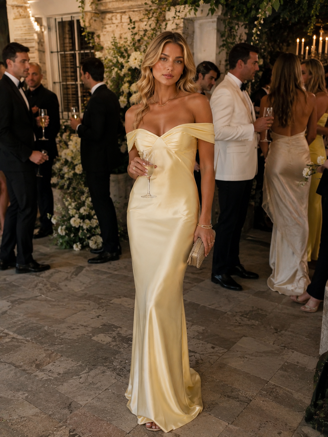 Naomi - Women’s Off-Shoulder Wedding Guest Maxi Dress-Women > Dress-Lyrasue-Gold-S-Lyrasue