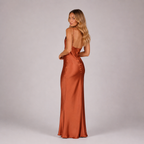 Flare - Women's Wedding Guest Satin Maxi Dress With Open Back-Dress-Lyrasue-Bronze-S-Lyrasue