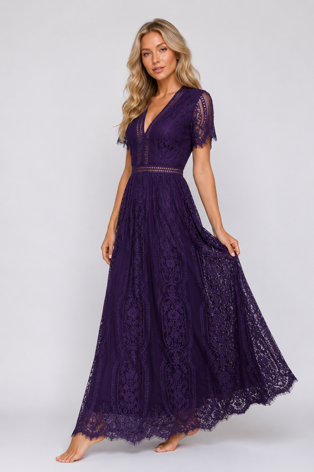 Keish - Women’s Formal Lace Detail Maxi Dress Elegant Short Sleeve-SS - Womens Dresses-Lyrasue-Purple-S-Lyrasue