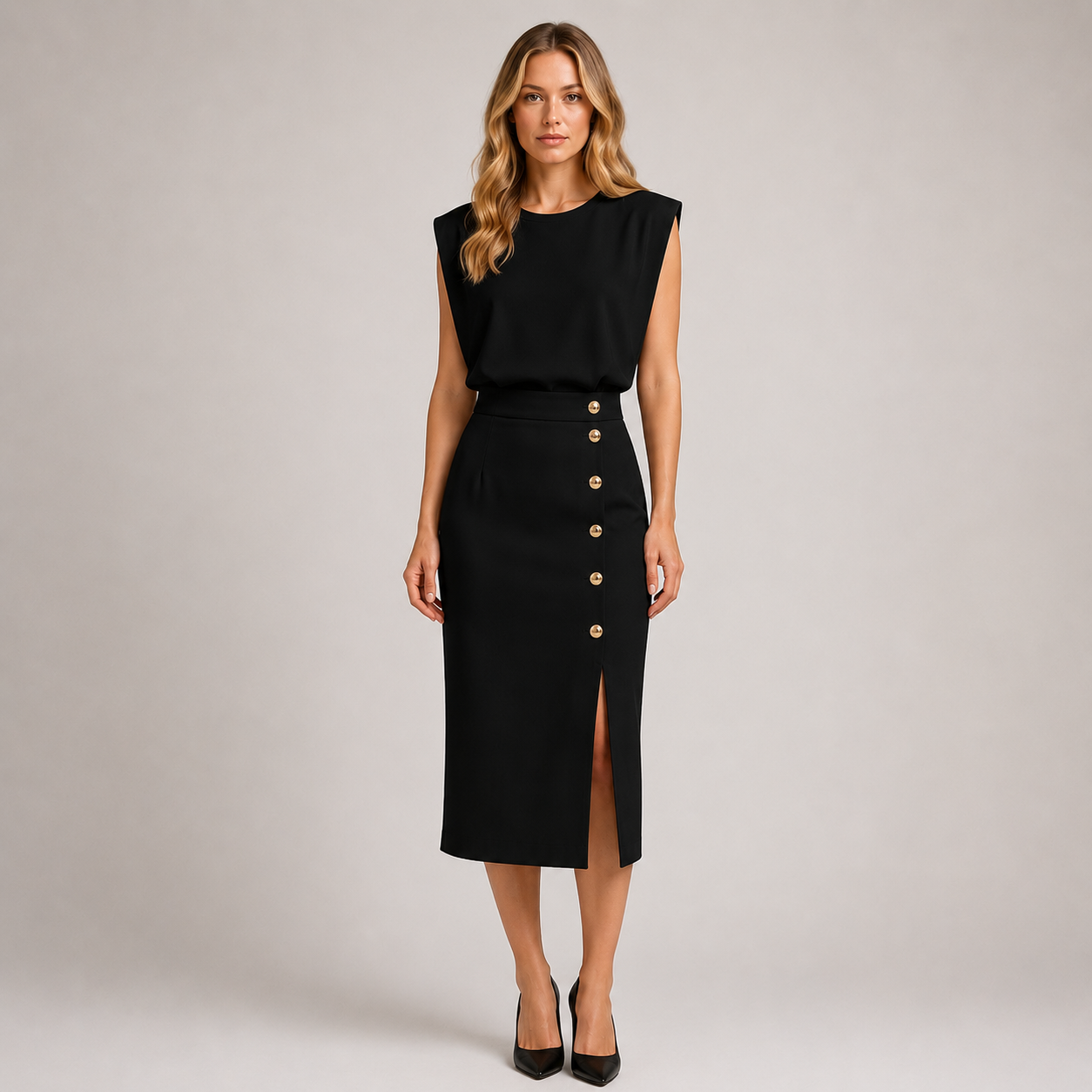 Reagan - Women’s Round Neck Midi Dress with Button Slit-Summer Push-Lyrasue-Black-S-Lyrasue