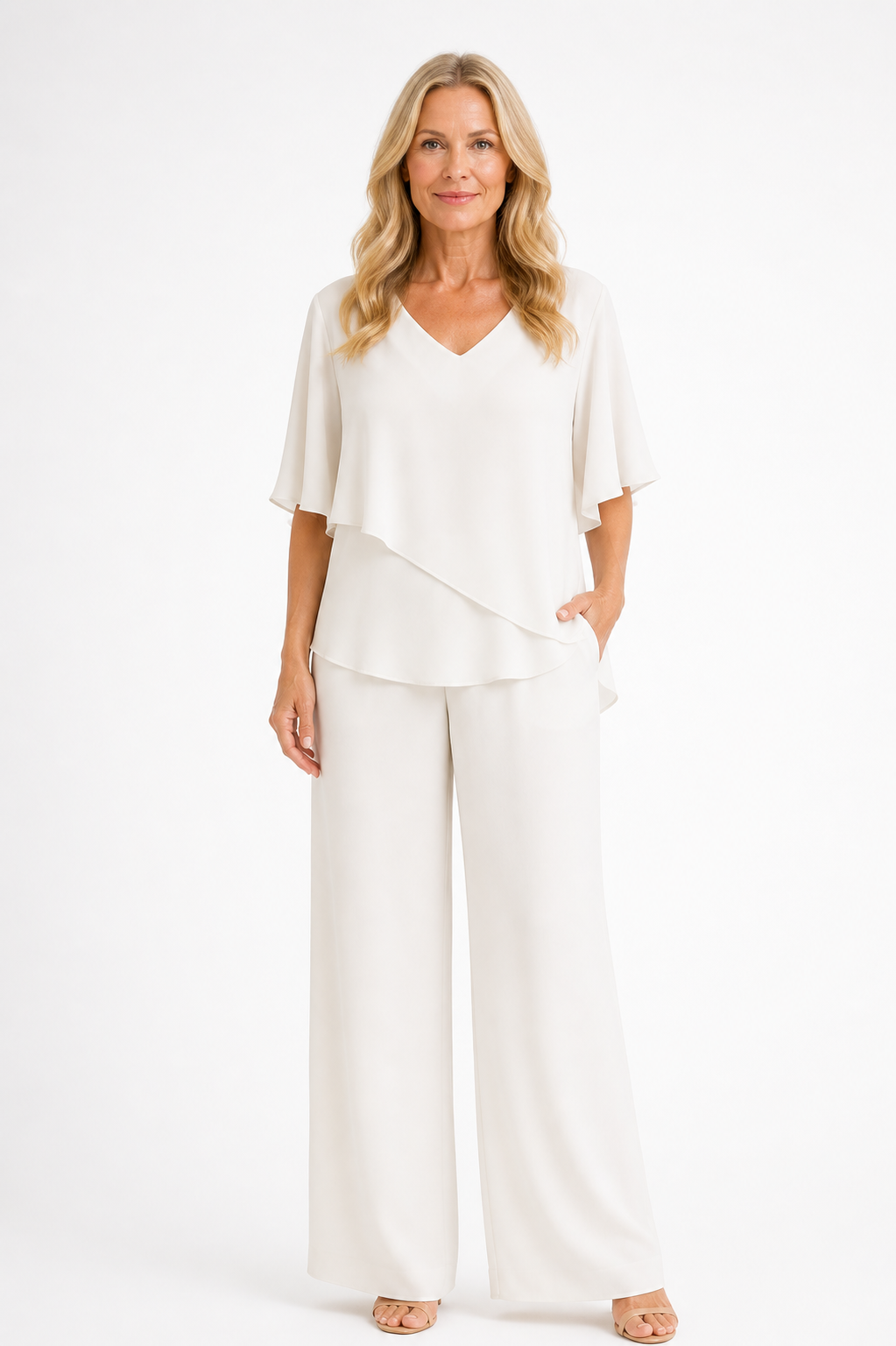 Nareily - Women’s Two Piece Set with V-Neck Batwing Top and Wide Leg Trousers-2 Piece Set-Lyrasue-Gold-XS-Lyrasue