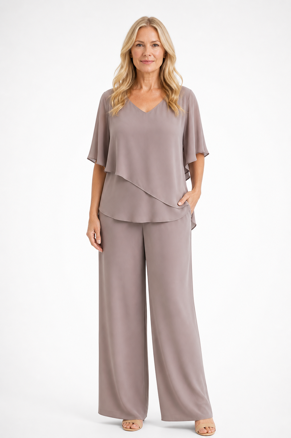 Nareily - Women’s Two Piece Set with V-Neck Batwing Top and Wide Leg Trousers-2 Piece Set-Lyrasue-Khaki-XS-Lyrasue
