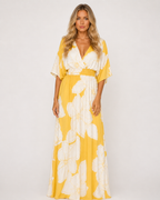 Trinaty - Women’s Floral Print Maxi Dress Elegant Contrast Detail Style-SS - Womens Dresses-Lyrasue-Yellow-S-Lyrasue