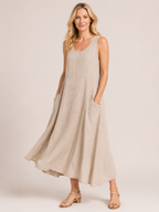 Melody - Women’s Lightweight Cotton Summer Midi Dress with Pockets-Mode Femme Robe-Lyrasue-Beige-S-Lyrasue