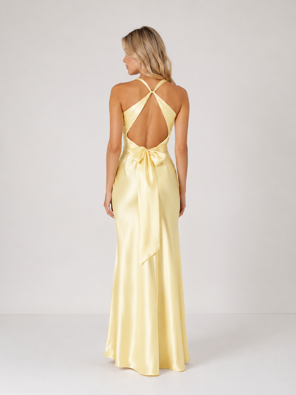 Kennedy - Women’s Satin Halter Wedding Guest Maxi Dress with V-Neck-women dress-Lyrasue-Yellow-S-Lyrasue