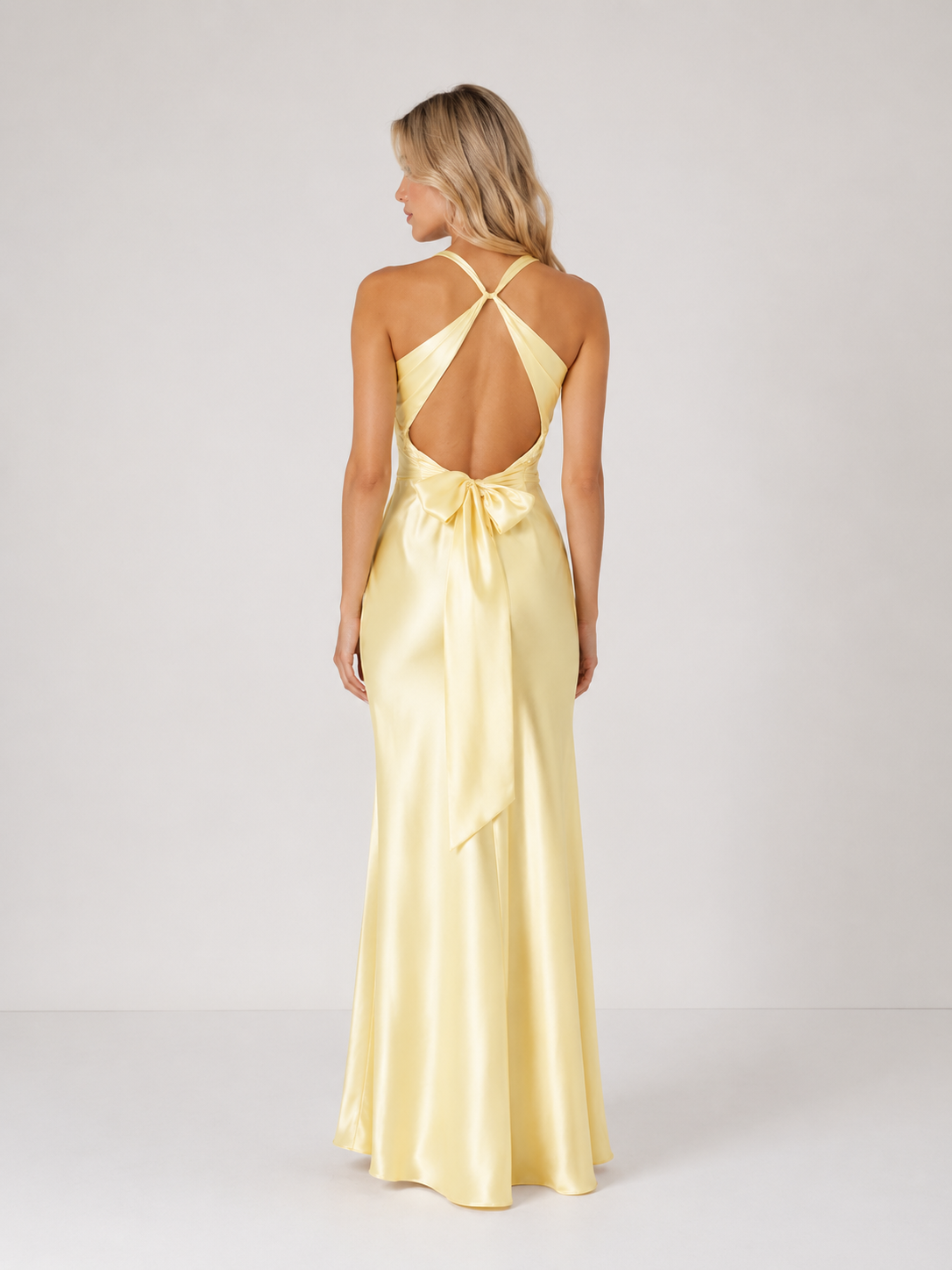 Kennedy - Women’s Satin Halter Wedding Guest Maxi Dress with V-Neck-women dress-Lyrasue-Yellow-S-Lyrasue