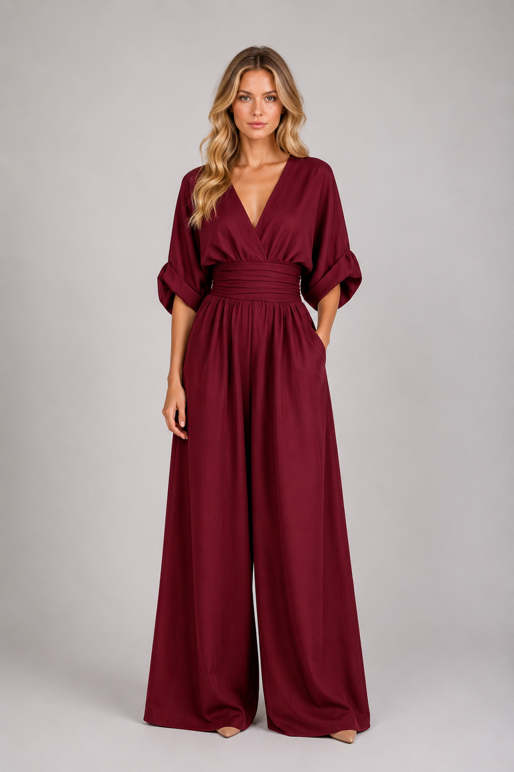 Desha - Women's Jumpsuit with V-Neck, Flowy Cut, and Wide Legs-Lyrasue-Red-S-Lyrasue