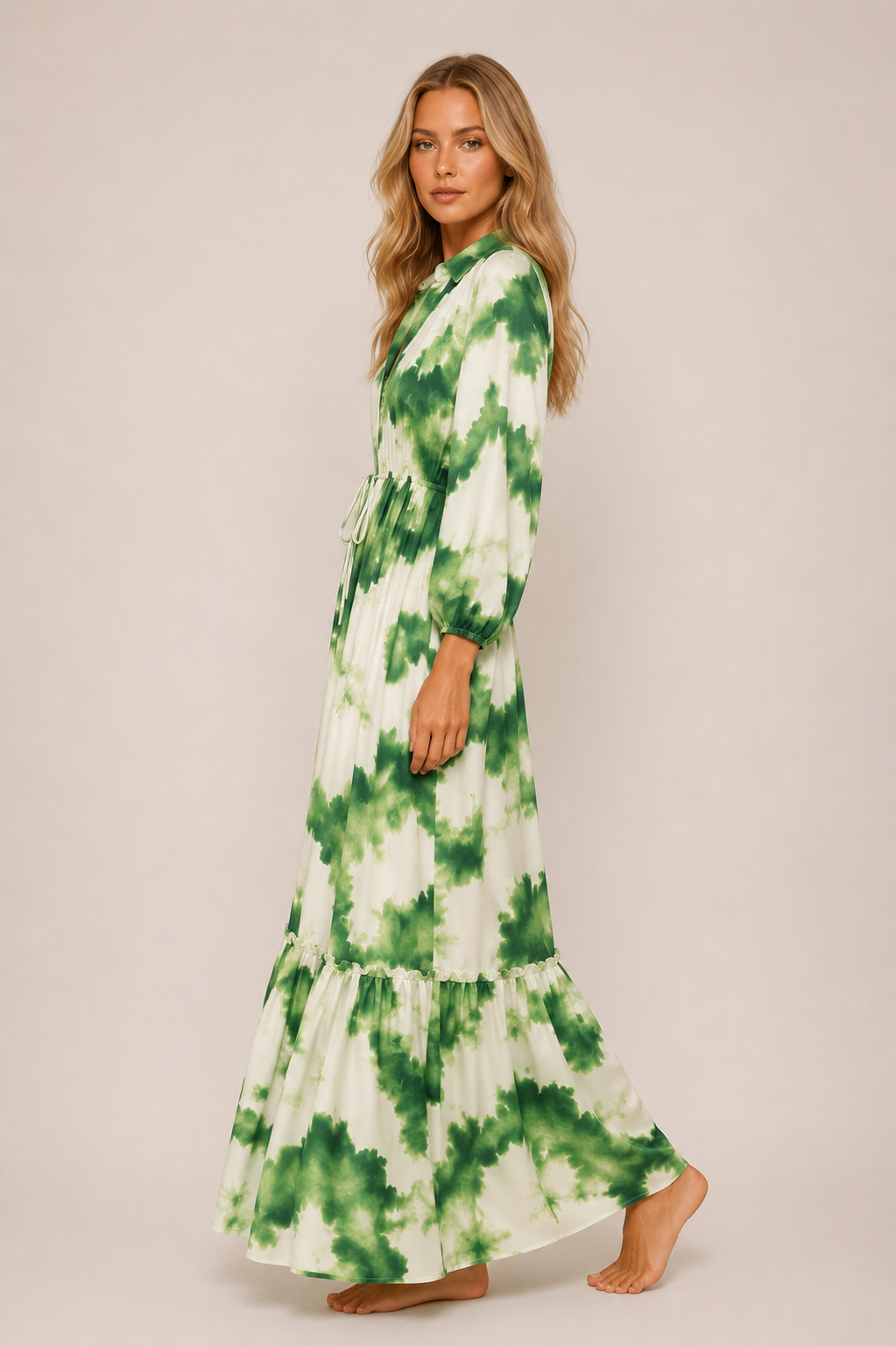 Loes - Women’s Green Maxi Dress With V-Neck And Long Sleeve-SS - Womens Dresses-Lyrasue-Green-XS-Lyrasue