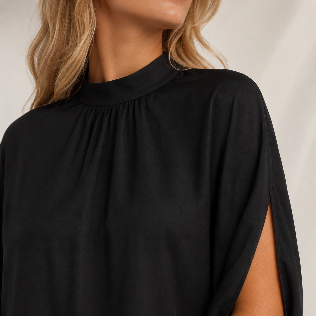 Valentina - Women’s Mock Neck Shift Mini Dress with Short Split Sleeves-Women's Shift Dress-Lyrasue-Black-S-Lyrasue