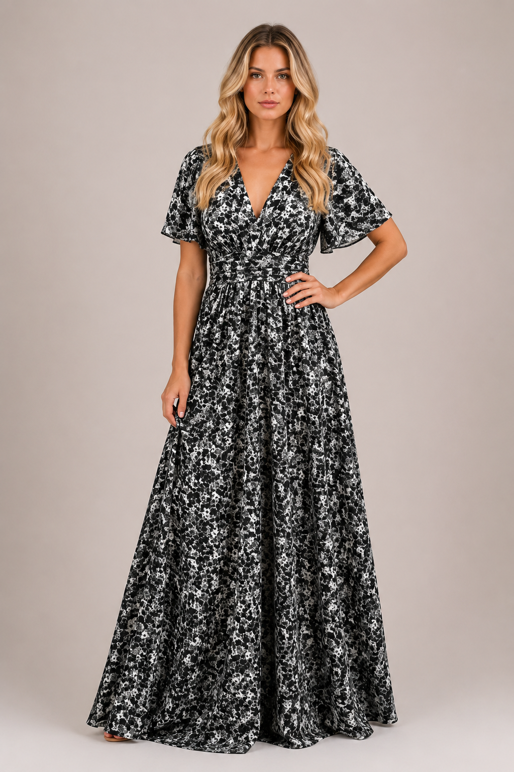 Michelle - Women’s Elegant Summer Floral Maxi Dress With Defined Waist-SS - Womens Dresses-Lyrasue-Black-S-Lyrasue