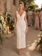 Women’s Elegant Floral Lace Midi Dress with Deep V-Neck-Midi Dress-Lyrasue-White-S-Lyrasue