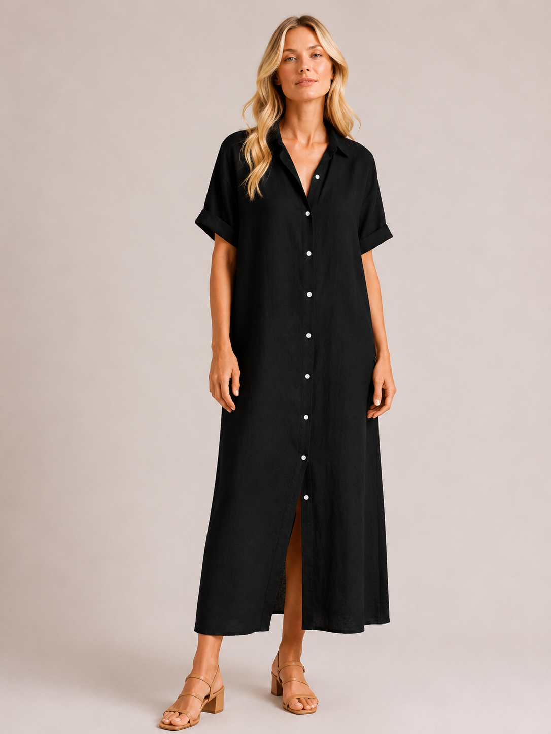 Iris - Women’s Cotton Summer Shirt Midi Dress-jurk-Lyrasue-Black-S-Lyrasue