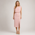 Reagan - Women’s Round Neck Midi Dress with Button Slit-Summer Push-Lyrasue-Light Pink-S-Lyrasue