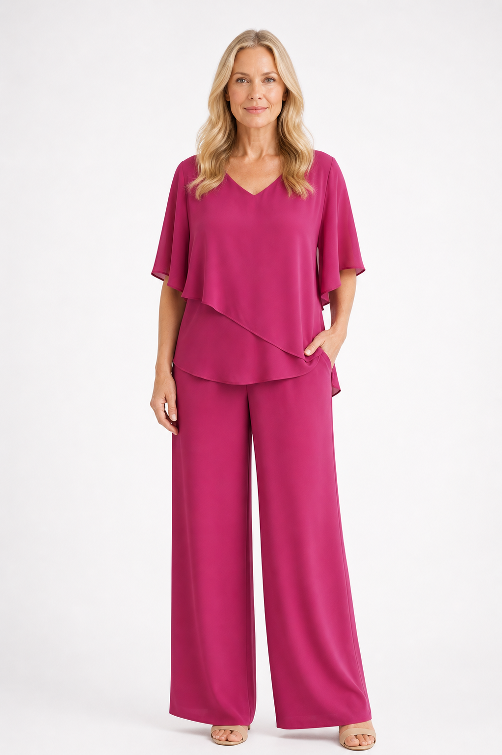 Nareily - Women’s Two Piece Set with V-Neck Batwing Top and Wide Leg Trousers-2 Piece Set-Lyrasue-Red Rose-XS-Lyrasue