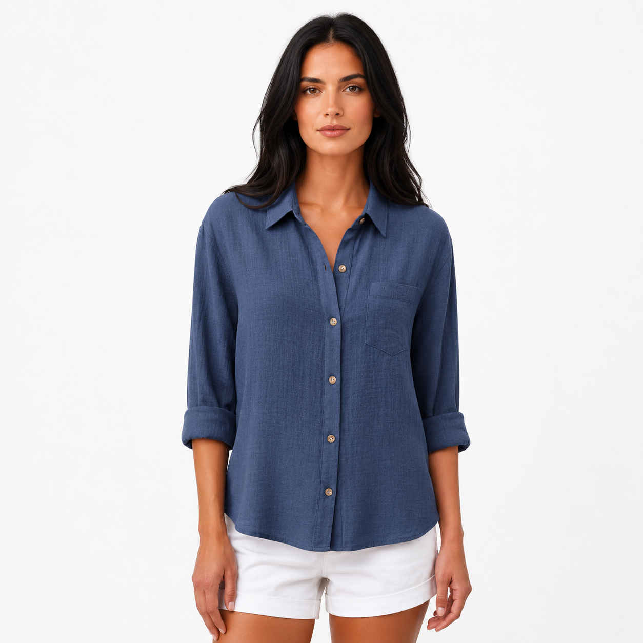 Daniela - Women’s Short Sleeve Summer Blouse with Button Placket-Women’s Blouse-Lyrasue-Blue-S-Lyrasue