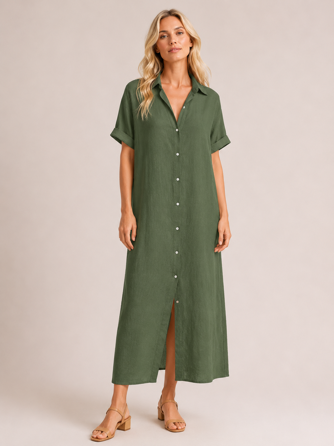 Iris - Women’s Cotton Summer Shirt Midi Dress-jurk-Lyrasue-Green-S-Lyrasue