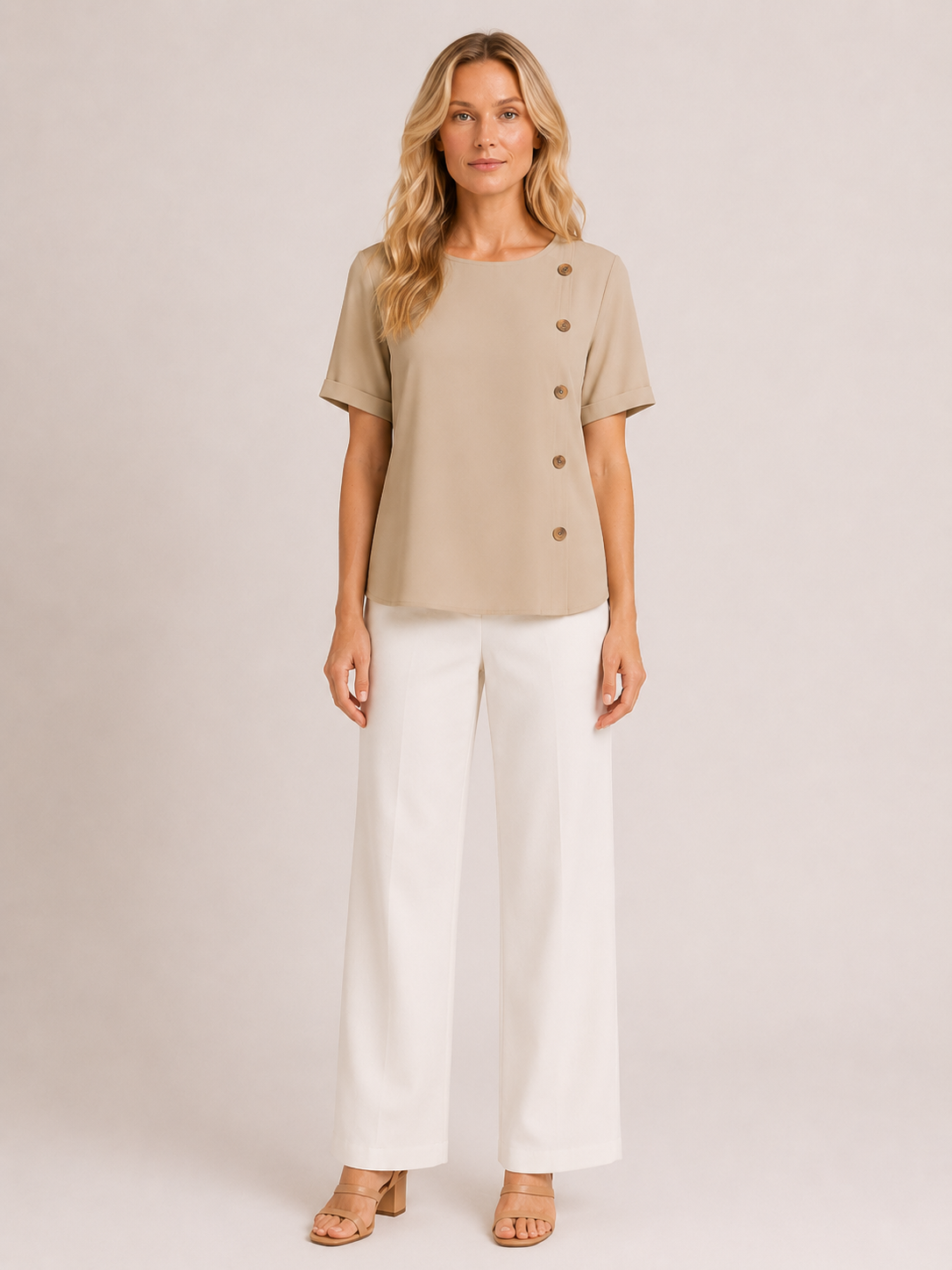 Cecillia - Women’s Short Sleeve Loose Fit Blouse with Side Button Detail-Women’s Blouse-Lyrasue-Khaki-S-Lyrasue
