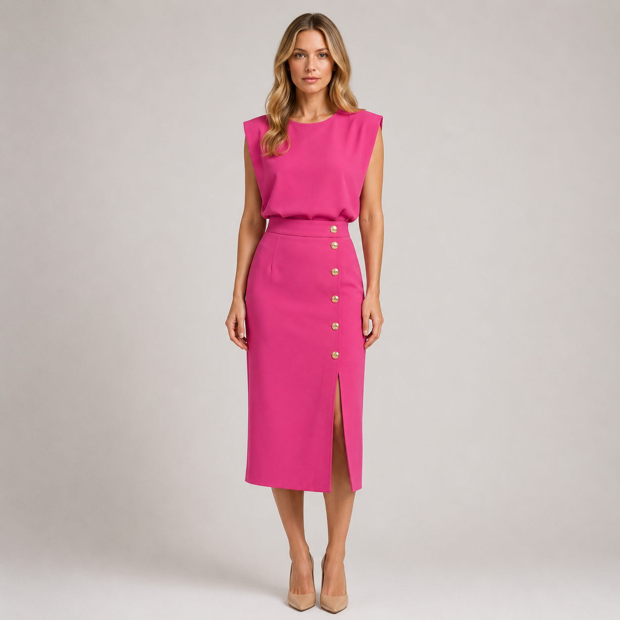 Reagan - Women’s Round Neck Midi Dress with Button Slit-Summer Push-Lyrasue-Pink-S-Lyrasue