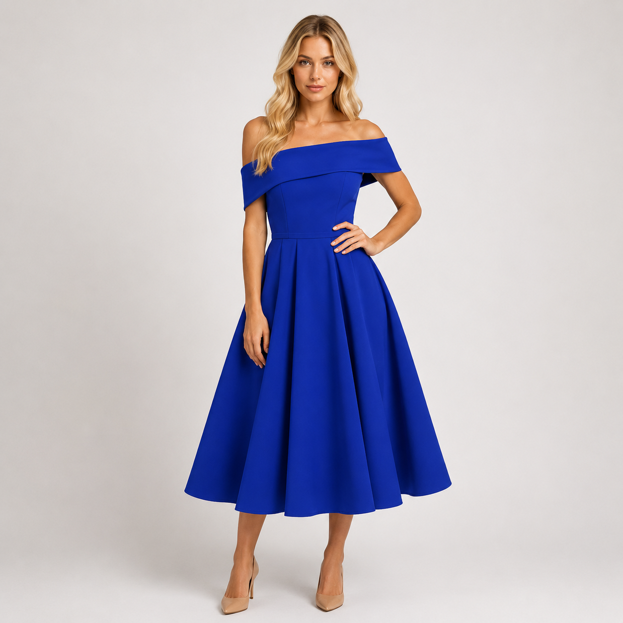 Willow - Women’s Off-Shoulder Wedding Guest Midi Dress-Dress-Lyrasue-Blue-S-Lyrasue
