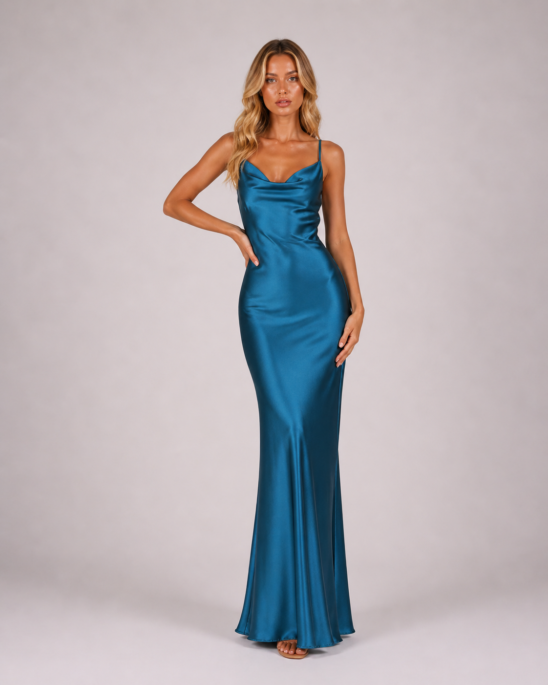 Flare - Women's Wedding Guest Satin Maxi Dress With Open Back-Dress-Lyrasue-Blue-S-Lyrasue